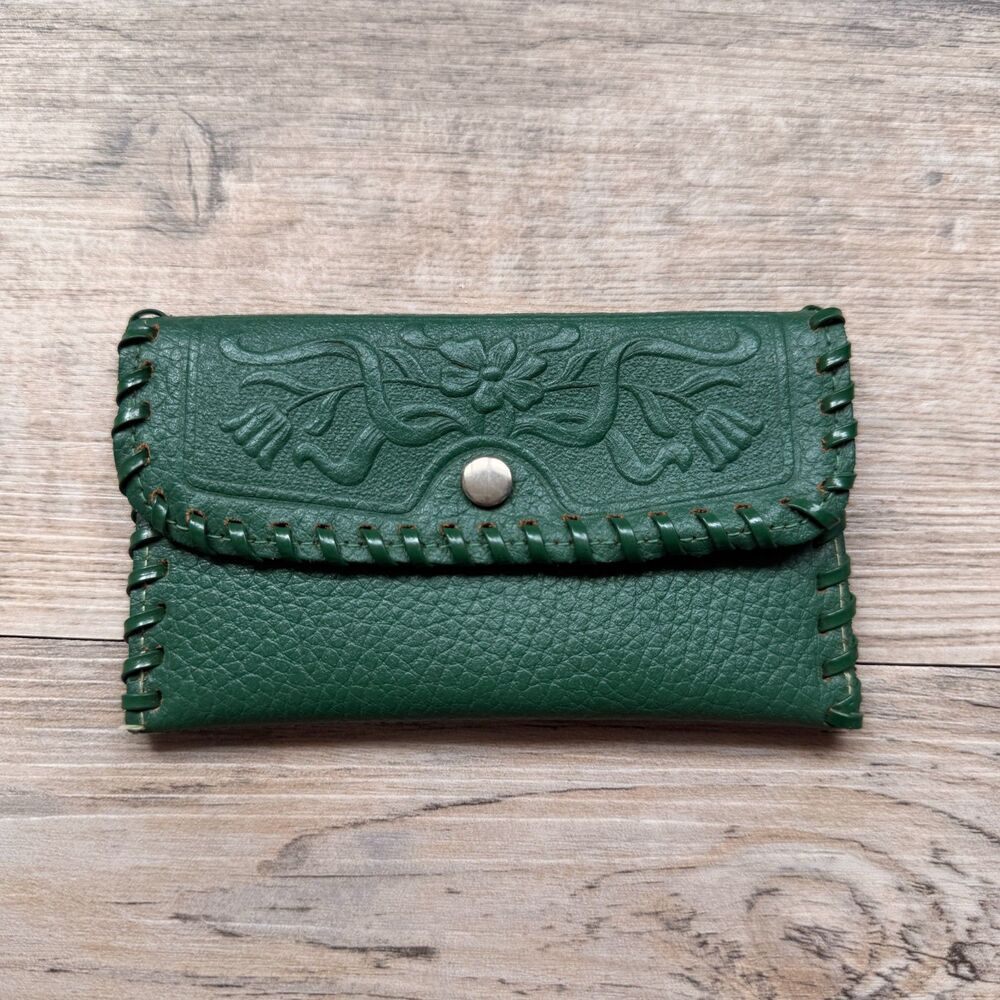 Vintage Green Genuine Leather Tooled Wallet Floral Embossed Snap Coin Purse